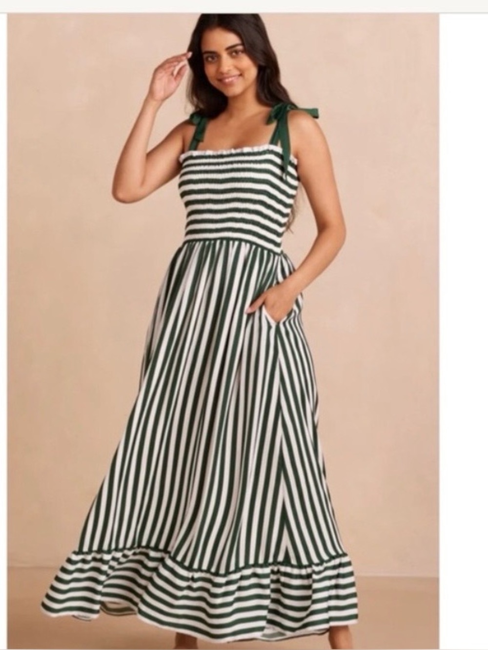 NWT Summersalt Smocked Maxi Dress in Green & White Vertical Stripe SZ M